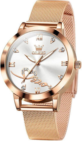OLEVS Ladies Watch Fashion Rose Gold Diamond Analog Quartz Female Luxury Dress Wrist Watch Stainless Steel Luminous Waterproof Date Gift Watch for Women White Face reloj para Mujer