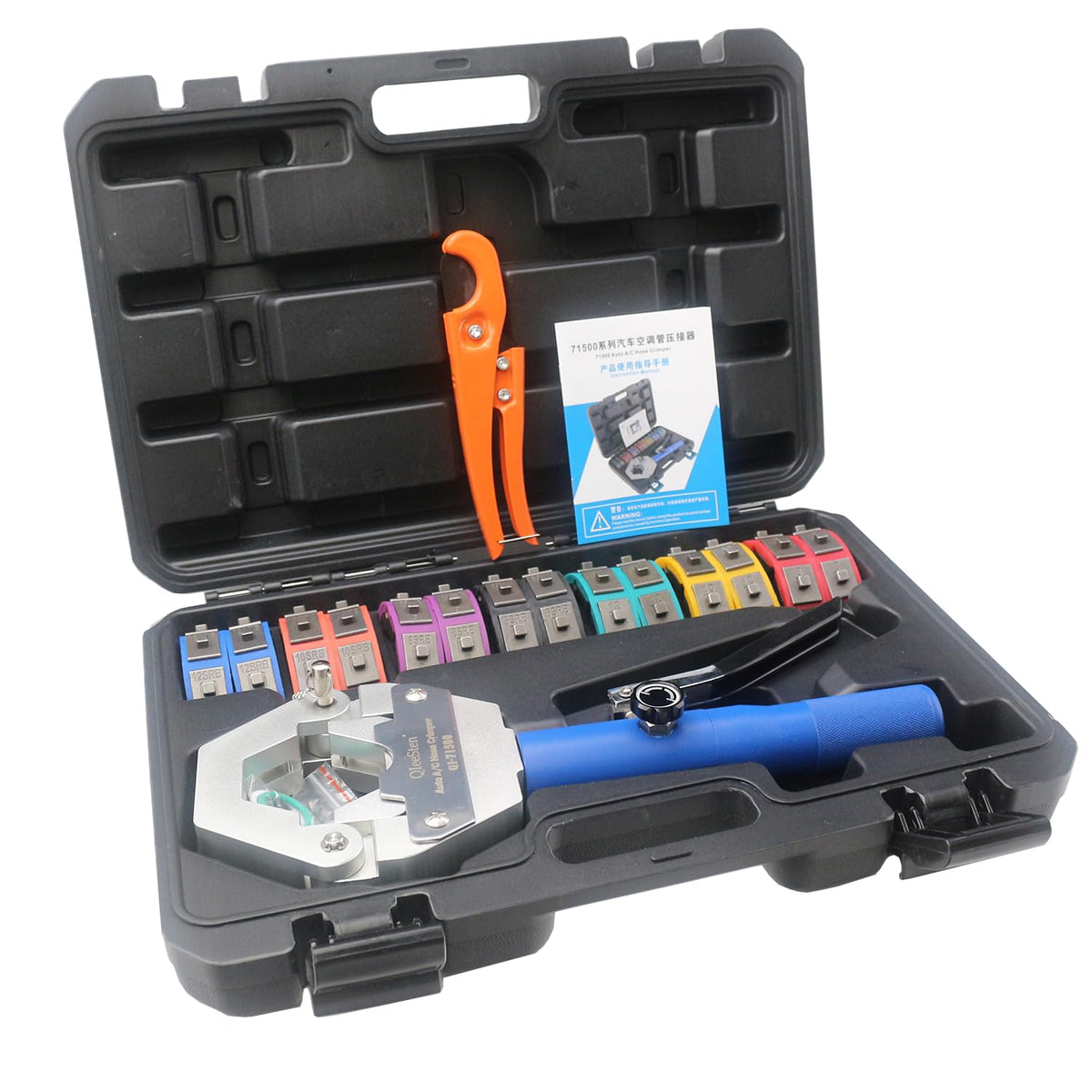 71500 Hydraulic Hose Crimper Kit for AC, Includes 7 Die Sets & Pipe Cutter, Blue, Ergonomic Grip, Iron Handle, Manual