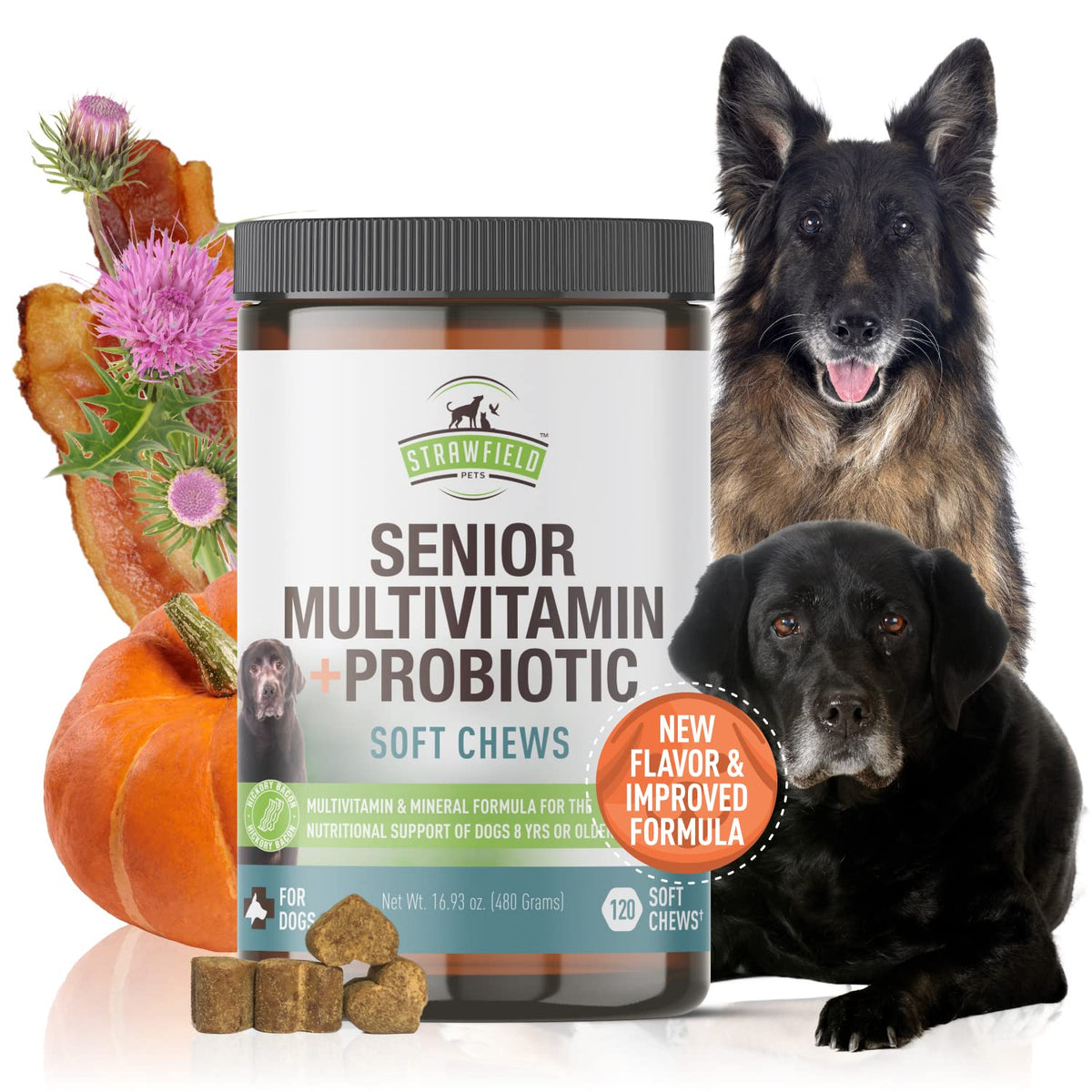 Strawfield Pets Senior Multivitamin + Probiotics for Dogs with Milk Thistle Joint Support Supplement for Dogs Bacon Flavor 120 Soft Chews