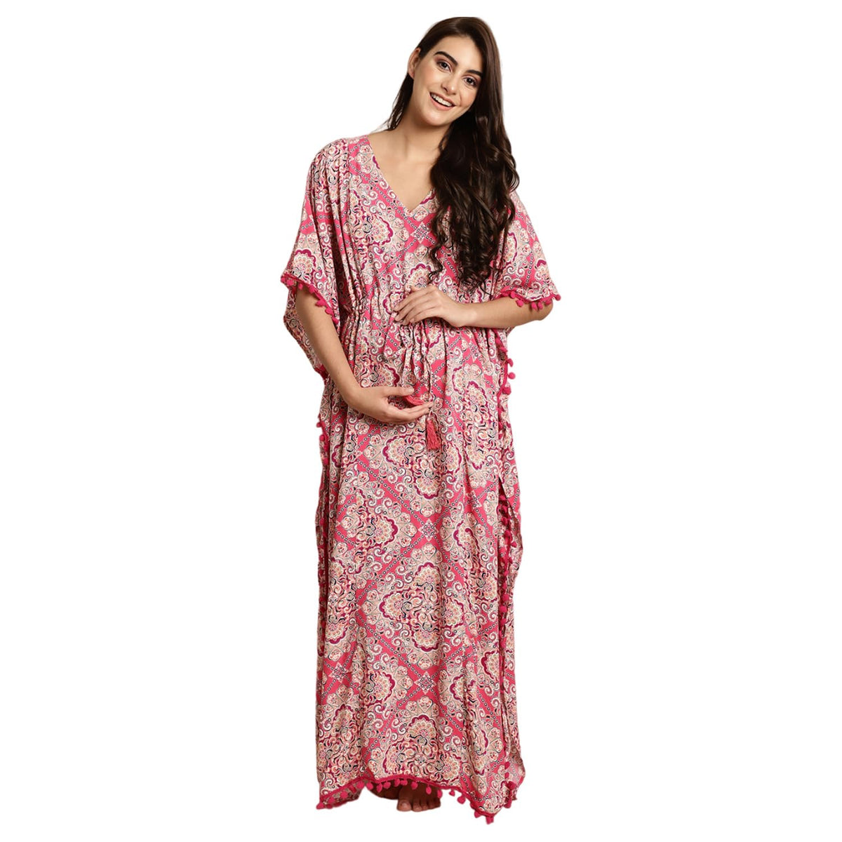 Secret Wish Pink Printed Rayon Maternity Kaftan, Pink, Free Size