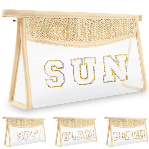 Boho Clear Makeup Letter Patch Makeup Bag SUN Pouch, Clear Toiletry Bags Travel Small Cute Chenille Letter Cosmetic Zipper Pouch Purse, Transparent Waterproof Makeup Organizer Bag for Women Girls(SUN)