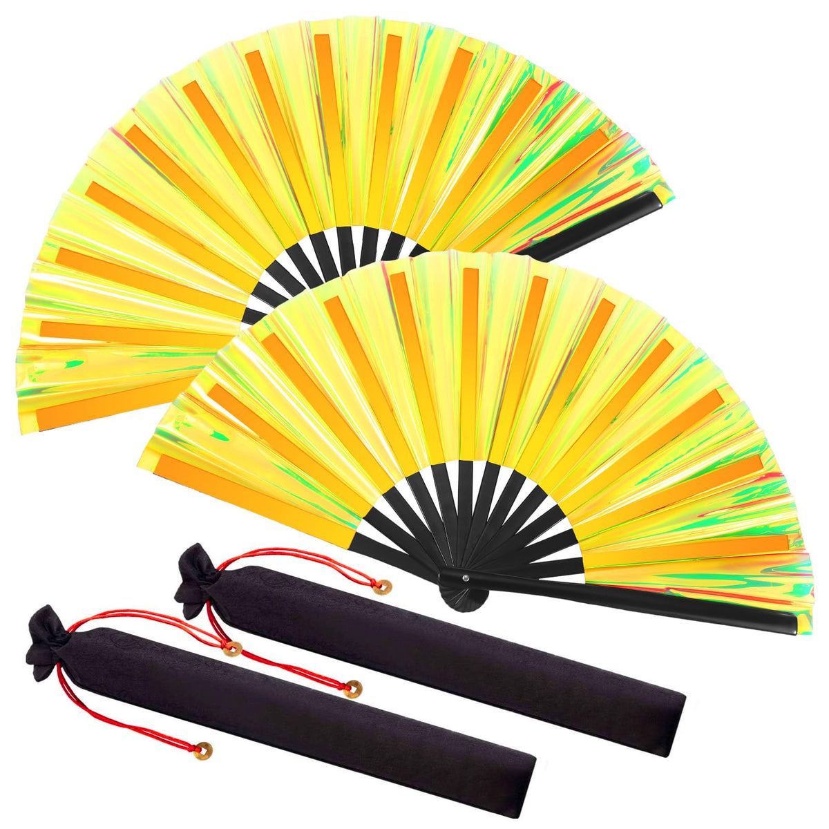 Maitys 2 Packs Large Folding Hand Fans Festival Tai Ji Fan Chinese Folding Rave Fan Handheld Renaissance Fan Martial Art Fans for Men and Women, Dance, Decorations, Festival, Gift (Gold 1)