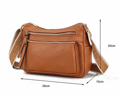 AOSSTA Cross Body Bag Women Leather Shoulder Bags Multi Zip Pocket With Wide Canvas Strap (Khaki)