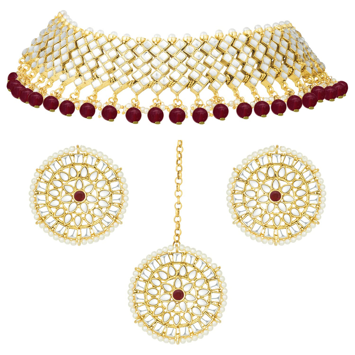 Aheli Ethnic Faux Kundan and Maroon Beads Choker Necklace Earrings Maangtikka Fashion Jewelry for Women