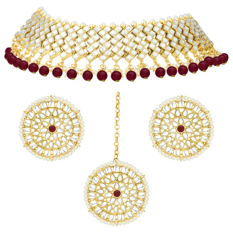 Aheli Ethnic Faux Kundan and Maroon Beads Choker Necklace Earrings Maangtikka Fashion Jewelry for Women