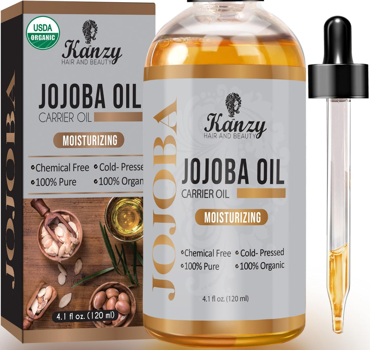 Kanzy Jojoba Oil Organic Cold Pressed 100% Pure 120ml Unrefined Hexane Free Carrier Oil for Hair Nails Body Skin & Face Body Oil
