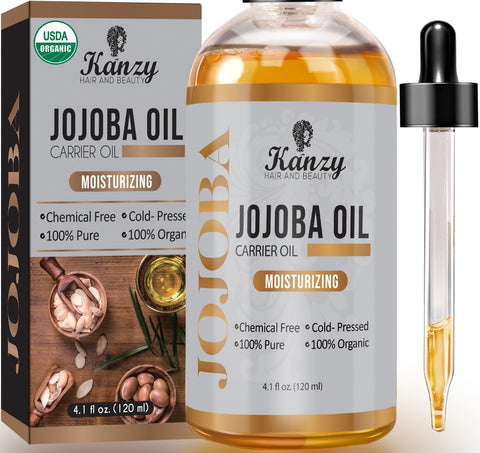 Kanzy Jojoba Oil Organic Cold Pressed 100% Pure 120ml Unrefined Hexane Free Carrier Oil for Hair Nails Body Skin & Face Body Oil