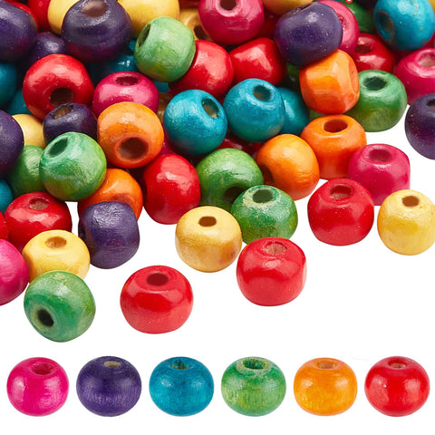 PH PandaHall About 200pcs 7mm Wood Beads Mixed Color Round Wooden Beads Large Hole Colorful Wood Beads for Jewellery Making, Hole: 3mm