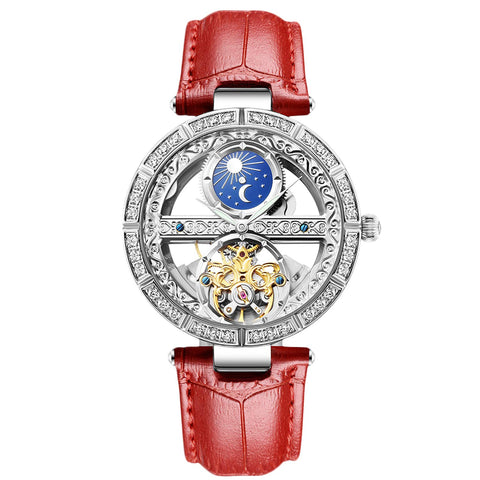 RORIOS Women Watches Mechanical Watch Leather Band Automatic Self-Winding Wristwatch Moon Phase Luminous Watch for Women Ladies