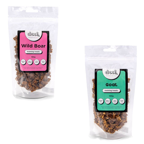 Drool Pet Products 100% Pure Dried Fresh Meat Wild Boar & Goat Double Pack Training Treats for dogs 2 x 150g Air-Dried Nibbles Dog Chews for Dogs & Puppies