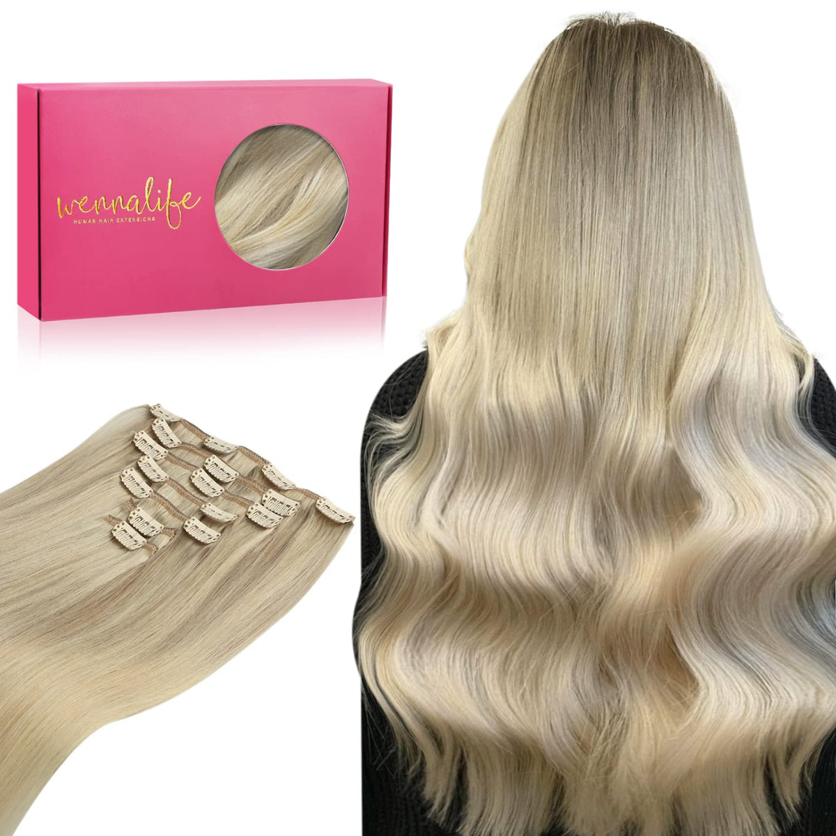 WENNALIFE Clip In Human Hair Extensions, 14 Inch 120g 7pcs Ash Blonde to Golden Blonde and Platinum Blonde Ombre Clip in Human Hair Remy Clip in Hair Extensions Real Human Hair Double Weft