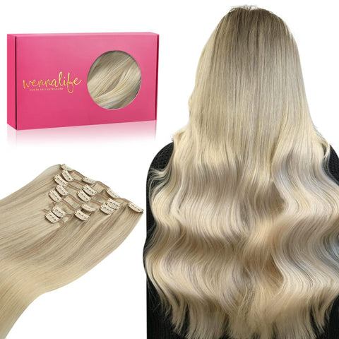WENNALIFE Clip In Human Hair Extensions, 14 Inch 120g 7pcs Ash Blonde to Golden Blonde and Platinum Blonde Ombre Clip in Human Hair Remy Clip in Hair Extensions Real Human Hair Double Weft