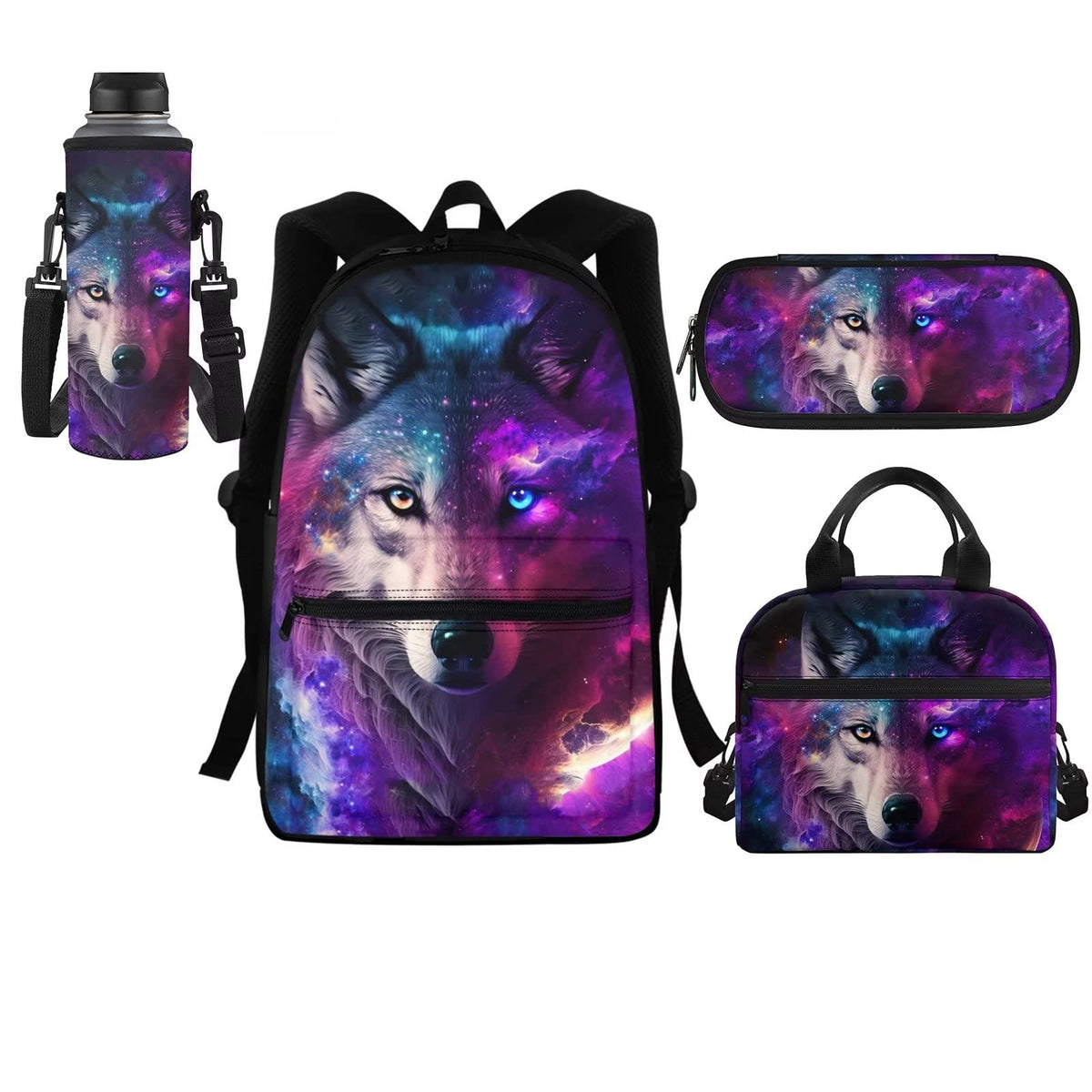 HELLHERO Kids Galaxy Wolf Backpck Set for Girls Boys School Bag Set with Reusable Lunch Bags Pencil Case Water Bottle Carrier Cover Bag 4 IN 1 Elementary Kindergarten Preschool Bookbag