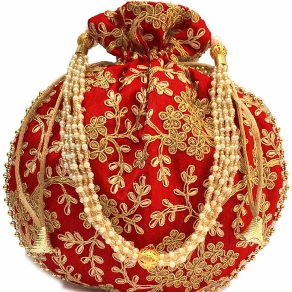 Indian Ethnic Potli bag Ladies Handbag Purse for Bridal Batwa Pearls Handle Purse Clutch Purse for Women (Red,H*L 9 * 9.5inch)