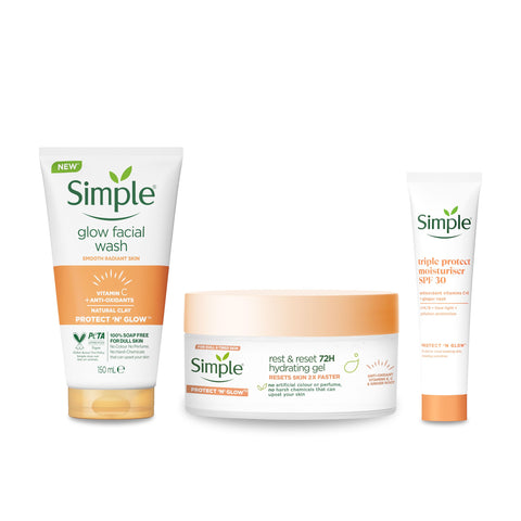 Simple Protect 'N' Glow Express Glow Clay Polish Cleanser, 1x 150 ml + Triple Protect Moisturiser, 1x 40 ml + Rest and Reset 72h Hydrating Gel, 1x 50 ml - Set of 3