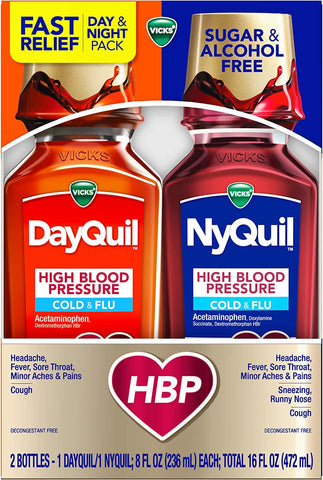 Vicks DayQuil and NyQuil High Blood Pressure Cold and Flu Relief Liquid Medicine Combo Pack, Multi-Symptom Daytime and Nighttime Relief for Cold, Cough, Flu Symptoms, Alcohol No, 2 x 8 FL OZ Bottles