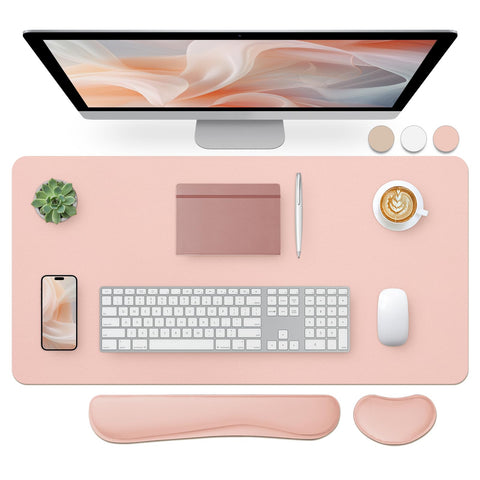 Bloss Leather Desk Pad and Keyboard Wrist Rest, Large Mouse Pad + Keyboard Pad+Mouse Wrist Support, Non-Slip Desk Mat Protector for Office, Home(31.5×15.7 Inches,Pink)