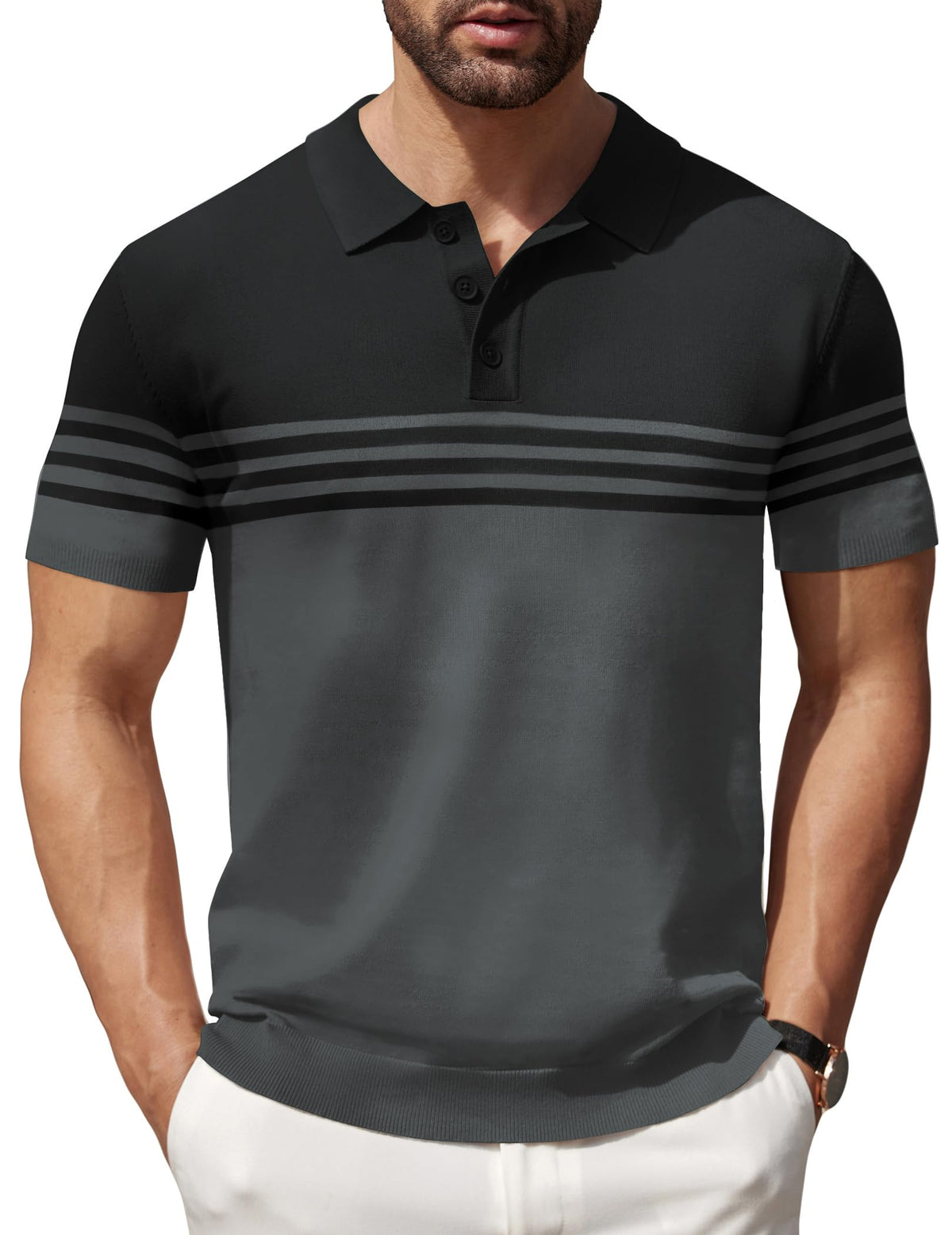 COOFANDY Mens Polo Shirts Short Sleeve Striped Casual Slim Fit Golf Polo Contrast Color Summer T-Shirts, Black and Dark Grey, X-Large