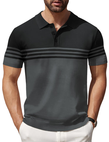COOFANDY Mens Polo Shirts Short Sleeve Striped Casual Slim Fit Golf Polo Contrast Color Summer T-Shirts, Black and Dark Grey, X-Large