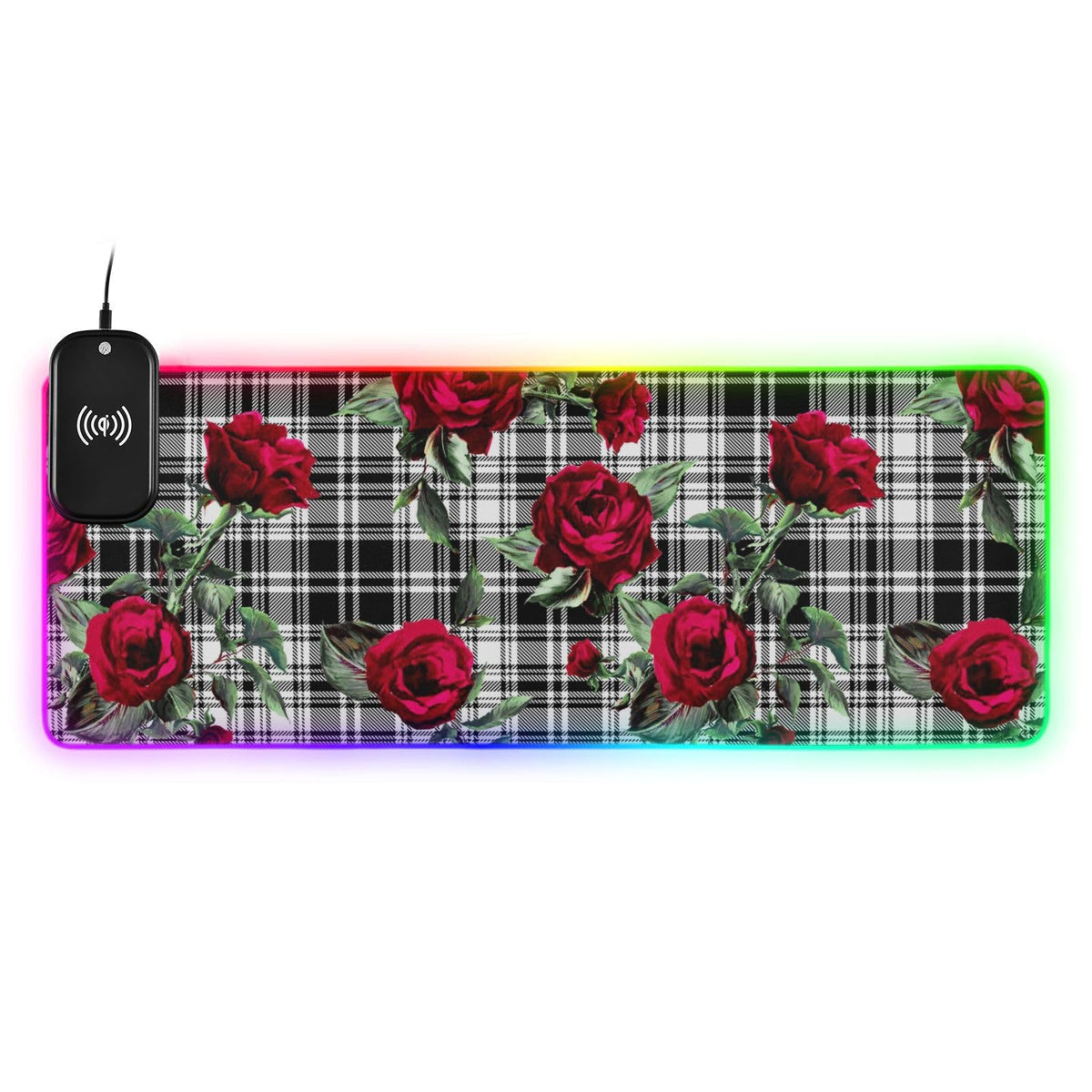 Black White Plaid Roses Wireless Charging Mouse Pad for Mobile Phone Extra Large Gaming Mousepad with 13 Lighting Modes Mouse Mat for Gaming MacBook PC Laptop Desk Home Office