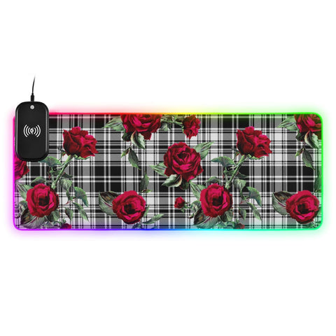 Black White Plaid Roses Wireless Charging Mouse Pad for Mobile Phone Extra Large Gaming Mousepad with 13 Lighting Modes Mouse Mat for Gaming MacBook PC Laptop Desk Home Office