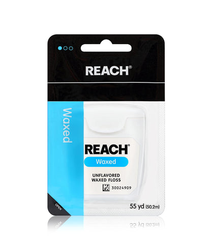 REACH Waxed Dental Floss, Unflavored, Plaque Remover, Shred Resistant, Extra Wide Cleaning, Gentle on Gums & Teeth, PFAS-Free, Oral Care, for Adults & Kids, 55yd, 1 Pack