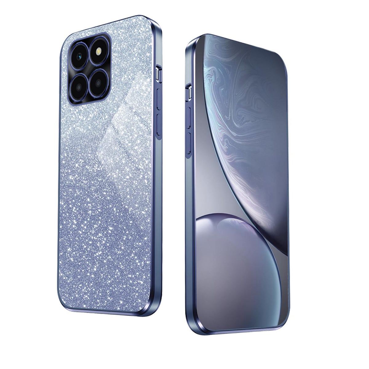 WBWONE Glitter Case for Huawei Honor X6a Case, Electroplated Edge, Flexible Protection, Shockproof Soft Cover Shell with Glitter Stickers - Blue