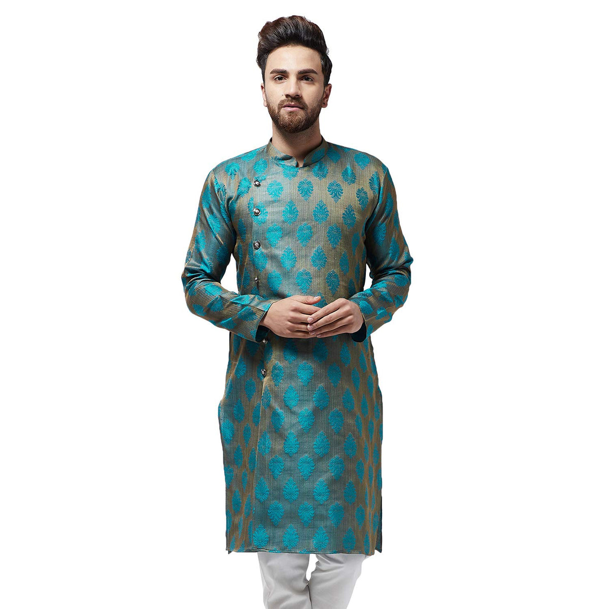 Sojanya (Since 1958, Men's Jacquard Silk Teal Blue Only Long Kurta, Size: 42