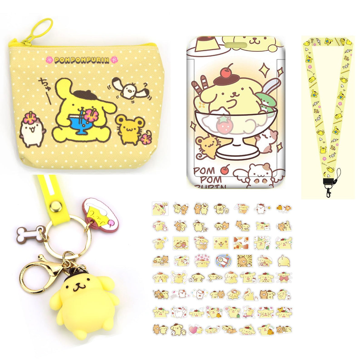 Kawaii Pompompurin ID Badge Holder with Lanyard Pompompurin Keychain Pompompurin Wallet Pompompurin Stickers 60 Pcs Cute Pompompurin Gift Set Pompompurin Accessories Set for Girls