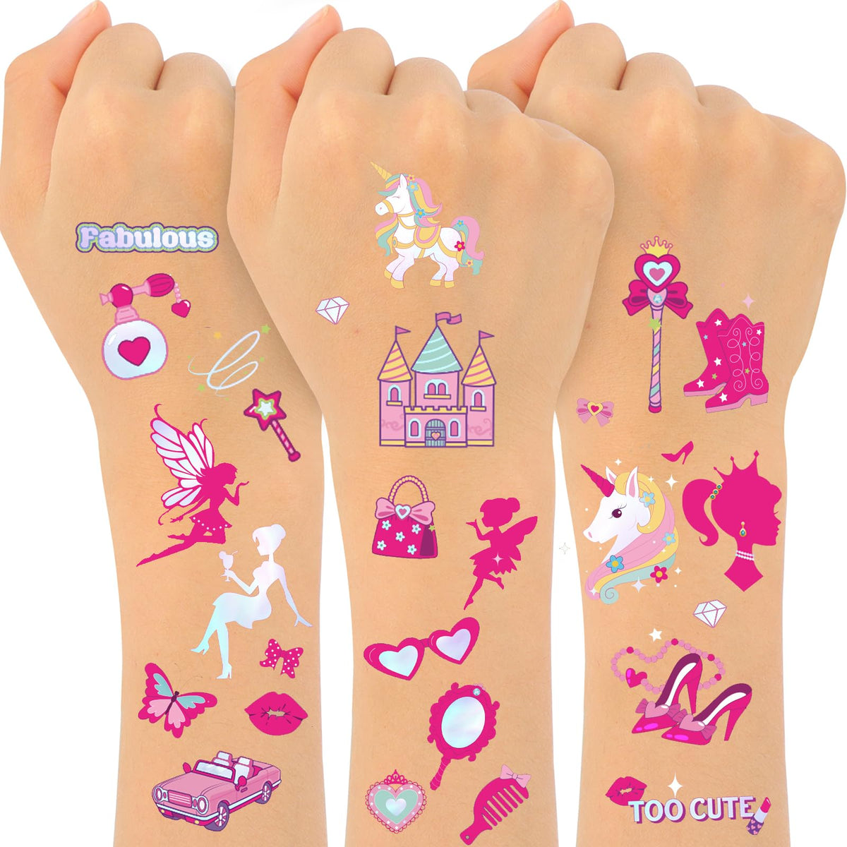 Konsait 96pcs Glitter Pink Temporary Tattoos for Kids Girls Tattoos Temporary for birthday party -Waterproof Fairy Princess Tattoos for Birthday Party Favors