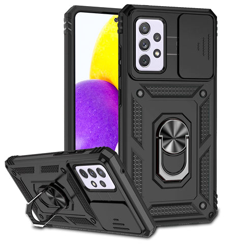 ATISIJIE for Samsung Galaxy A52 4G/5G/A52S 5G Case,TPU PC Armor Shockproof Impact-Resistant Protective Case,Heavy Duty Case Military Grade Cover[Magnetic Kickstand Ring][Slide Camera Cover] Black