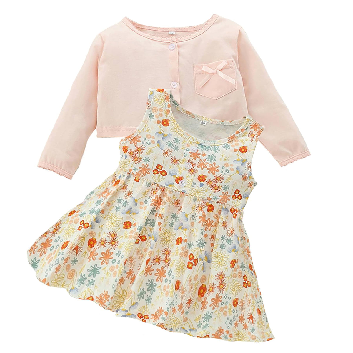 Xumplo Newborn Baby Girl Cardigan Dress Infant Girls Sleeveless Floral Dresses 2Pcs Clothes Set 3-6 Months