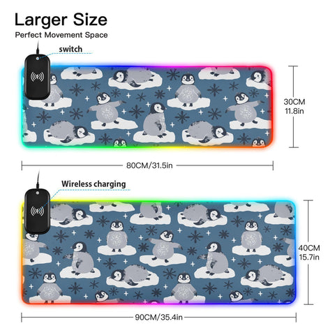 Cute Penguins Snowflakes Wireless Charging Mouse Pad for Mobile Phone Extra Large Gaming Mousepad with 13 Lighting Modes Keyboard Mat for MacBook PC Laptop Desk Office Home Gaming