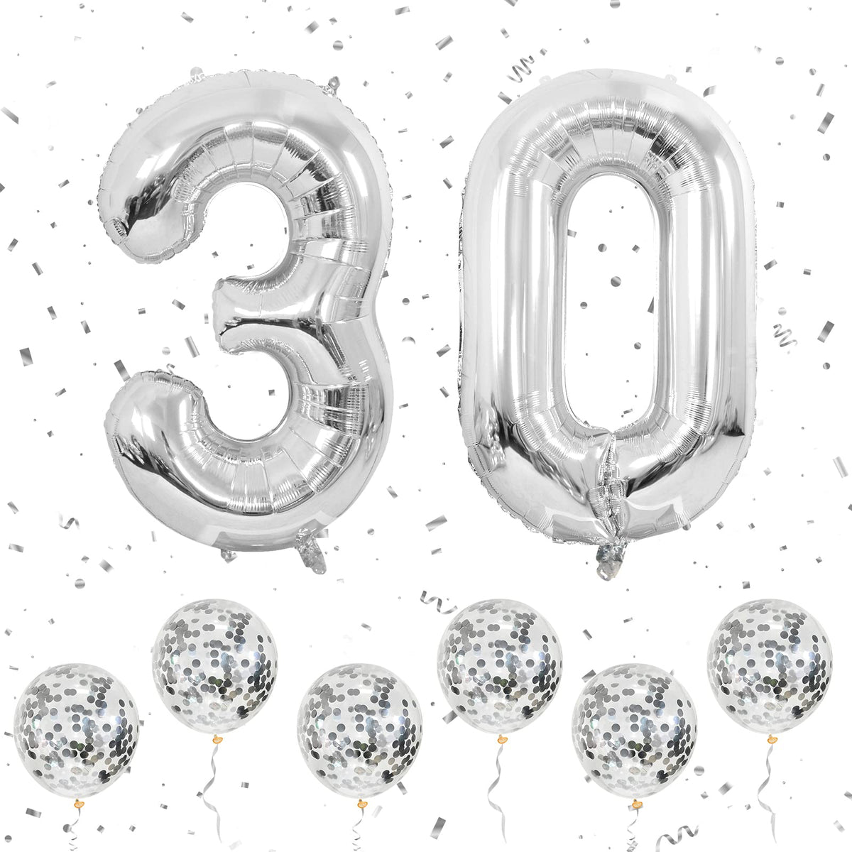 Number 30 Balloons Silver, 40Inch Large Foil Number 3 & 0 Balloons with 6 Silver Confetti Helium Balloons, 3rd 30th Birthday Balloon for Men Women Party Romantic Occasions Anniversary Decorations