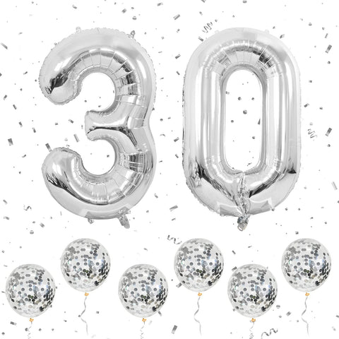 Number 30 Balloons Silver, 40Inch Large Foil Number 3 & 0 Balloons with 6 Silver Confetti Helium Balloons, 3rd 30th Birthday Balloon for Men Women Party Romantic Occasions Anniversary Decorations