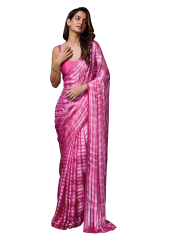 TRENDMALLS Women's Satin Print Heavy Siroski work Saree with Unstitch Blouse Piece (K1058-Pink)
