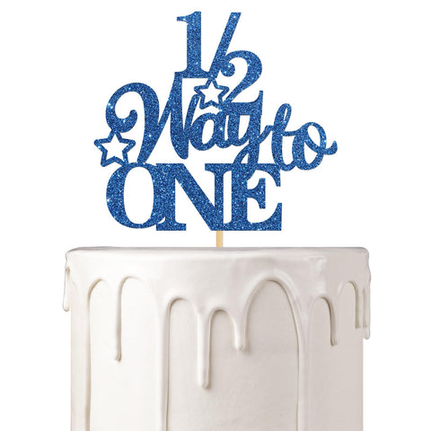 1/2 Way to One Cake Topper, Happy Half Birthday Anniversary Celebration Party Decorations, Children 6 Months Birthday Party Decoration Supplies, Blue Glitter