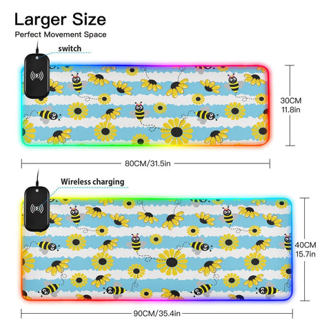 Bee Flowers Stripe Wireless Charging Mouse Pad for Mobile Phone Extra Large Gaming Mousepad with 13 Lighting Modes Computer Mat for Gaming MacBook PC Laptop Desk Home Office