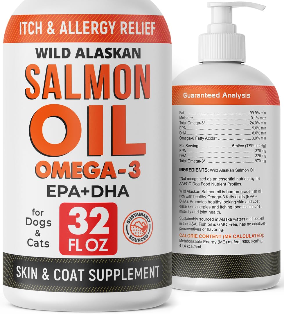 StrellaLab 32 OZ Salmon Oil for Dogs - Omega 3 Fish Oil for Dogs & Cats, Itch & Allergy Relief, Wild Alaskan Salmon Oil Dogs Skin & Coat, Dog Fish Oil Liquid, Shedding Supplement EPA & DHA Fatty Acids