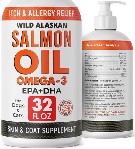 StrellaLab 32 OZ Salmon Oil for Dogs - Omega 3 Fish Oil for Dogs & Cats, Itch & Allergy Relief, Wild Alaskan Salmon Oil Dogs Skin & Coat, Dog Fish Oil Liquid, Shedding Supplement EPA & DHA Fatty Acids