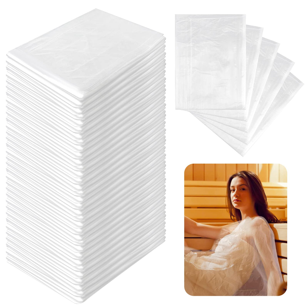 VAIPI 100 Pcs Plastic Sheeting for Body Wrap, 86x47 Inch Sauna Blanket Liners Plastic Sauna Wrap Disposable Film Bathtub Bag Sauna Accessories for Beauty Salon Spa Therapy