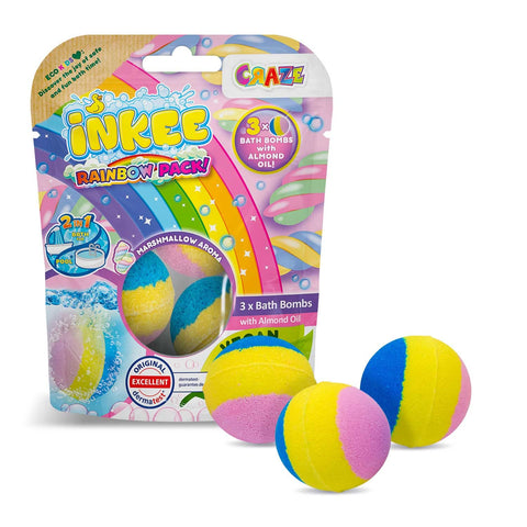 Craze INKEE Rainbow Multipack Three Scented Bath Bombs with 3 Different Colour Layers and Marshmellow Fragrance Colour Bath, with Almond Oil, EcoKids 47088