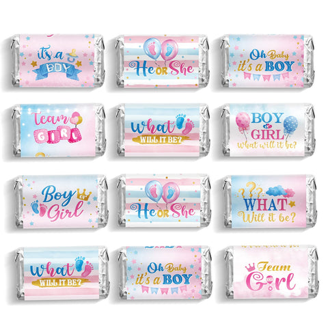 90 Pcs Boy or Girl Gender Reveal Candy Wrappers Mini Candy Chocolate Wrappers Team Boy and Team Girl Labels He or She Gender Reveal Candy Stickers for Reveal Party and Baby Showers