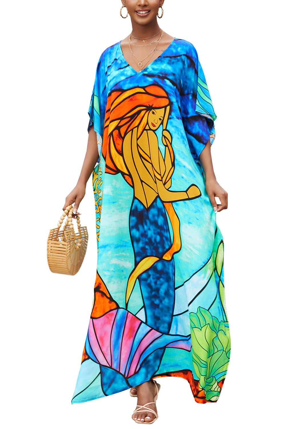 YouKD Women's Summer Boho Kaftan Plus Size Robe Beach Coverup Dress Long Bathrobes One Size