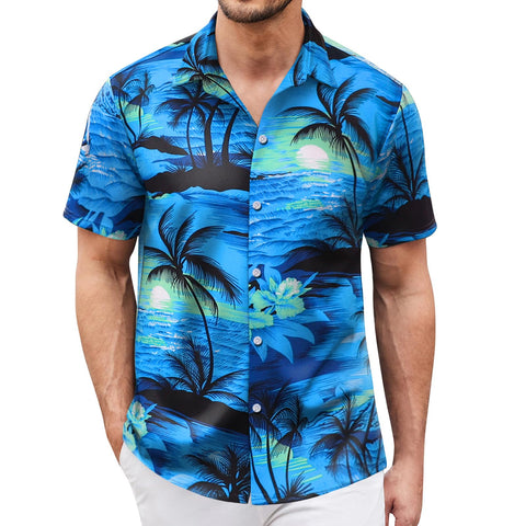 Rioofinx Hawaiian Shirt for Men Sleeves Printed Casual Button Down Summer Beach Dress Shirts Blue