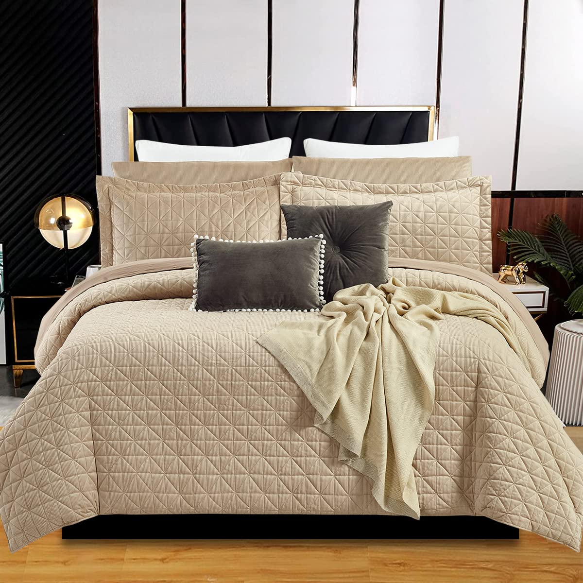 Crushed Velvet Quilted Bedspread Throw for Bedroom Decor, Perfect Winter Comforter Set - 3 Piece Box Pattern Super Soft Bedding Set with Matching Pillow Shams - Double, Mink