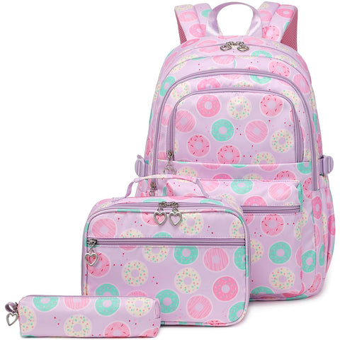 Sugaroom Backpack for Girls Backpack with Lunch Box Kids Backpack School Bags Primary Elementary Bookbags for Teen Girls (Donut-purple)