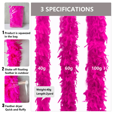 THARAHT Hot Pink Chandelle Turkey Feather Boa 2 Yards 40g for DIY Craft Home Dancing Wedding Party Halloween Costume Decoration Feather Boa