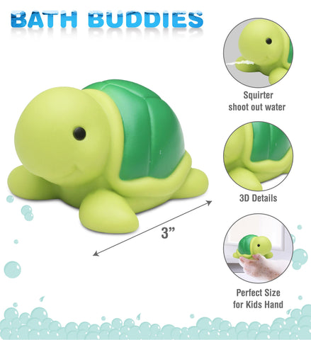 DolliBu Sea Turtle Bath Buddy Squirter - Floating Green Turtle Rubber Bath Toy, Fun Water Squirting Bathtime Play For Toddlers, Cute Sea Life Animal Toy For The Bathtub, Beach, & Pool for Girls & Boys