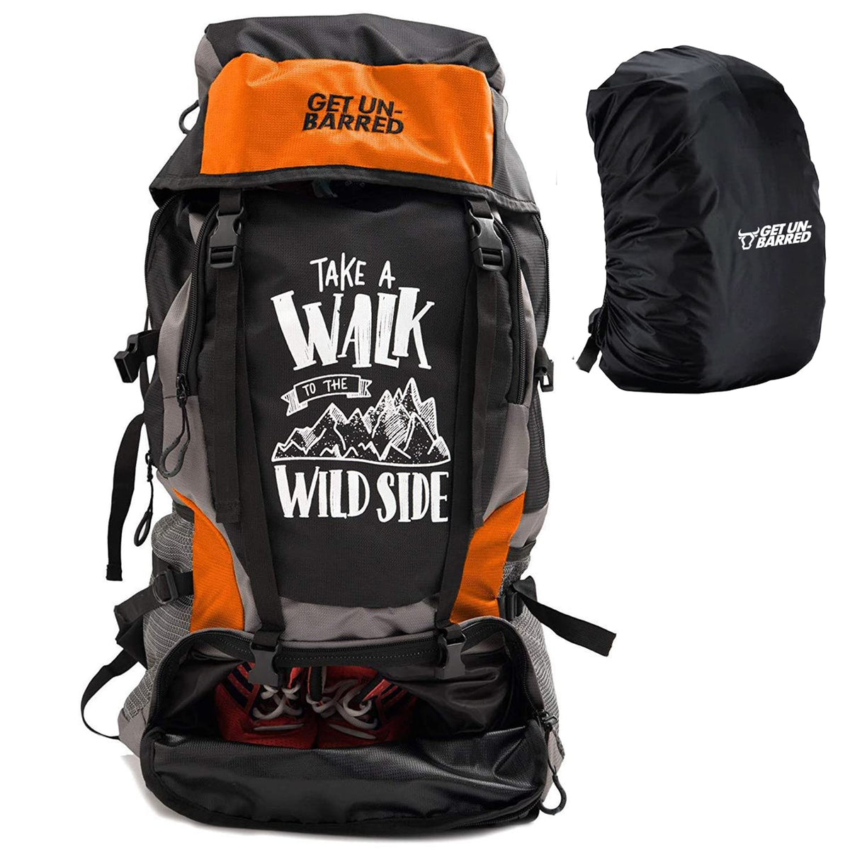 Mufubu Presents Get Un-barred 55 Ltr Rucksack Hiking & Trekking Luggage Travelling Backpack for Men & Women (Orange & Black), Orange and Black, Classic